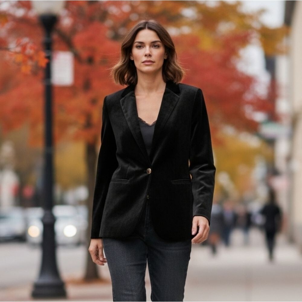 Adrienne Vittadini Luxe Velvet Single Breasted Blazer Jacket in Black Size XS